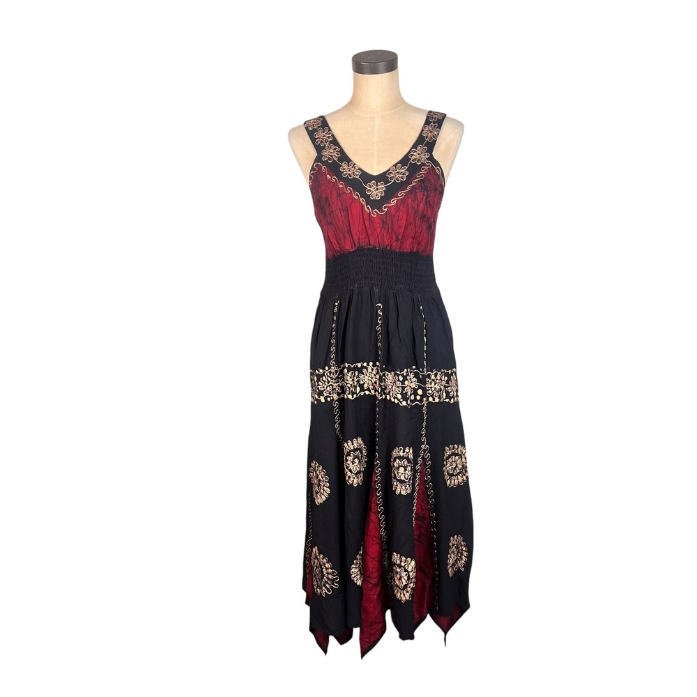 Boho Batik Embroidered Handkerchief Hem Midi Dress Red Black Smocked Waist